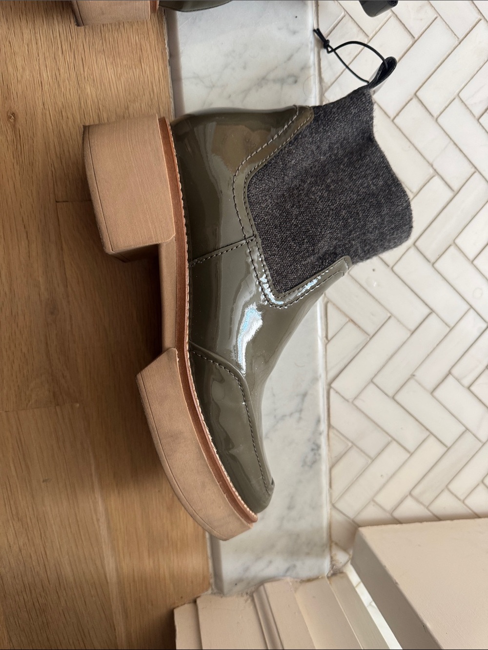 Dolce Vita Olive Patent Chelsea Boots with Gray Felt Collar and Tan Lug Sole